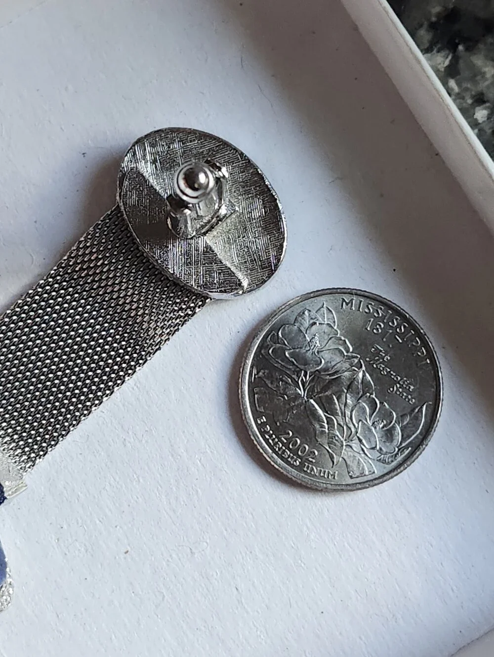 Vtg Dante Silver Tone Mesh Cufflinks with Dark Blue Oval Stones